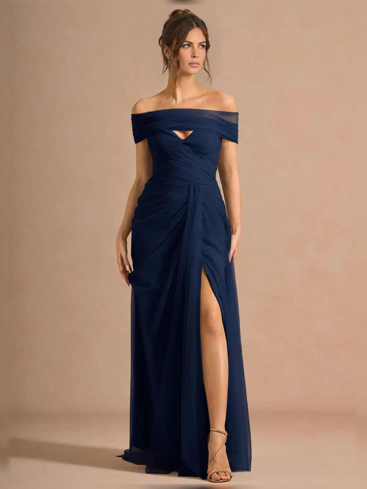 Navy off-shoulder formal dress with ruching, floor-length skirt and thigh-high slit
