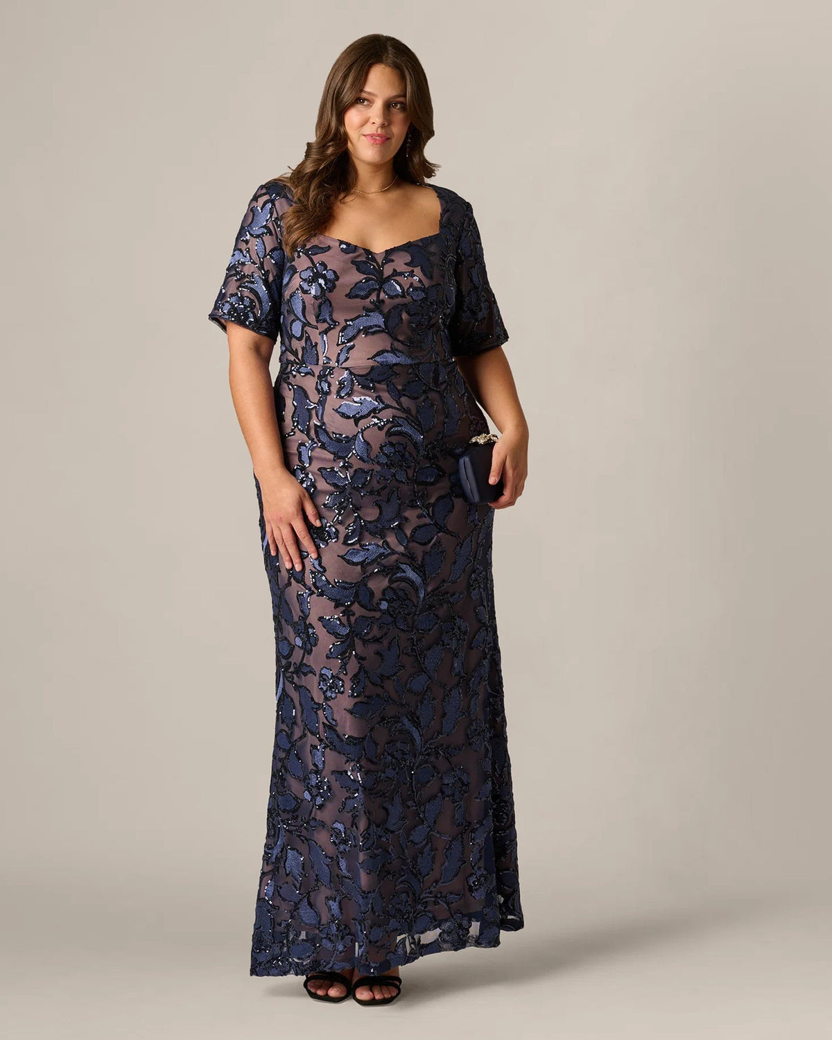 Navy floral embellished A-line maxi dress with short sleeves and square neckline
