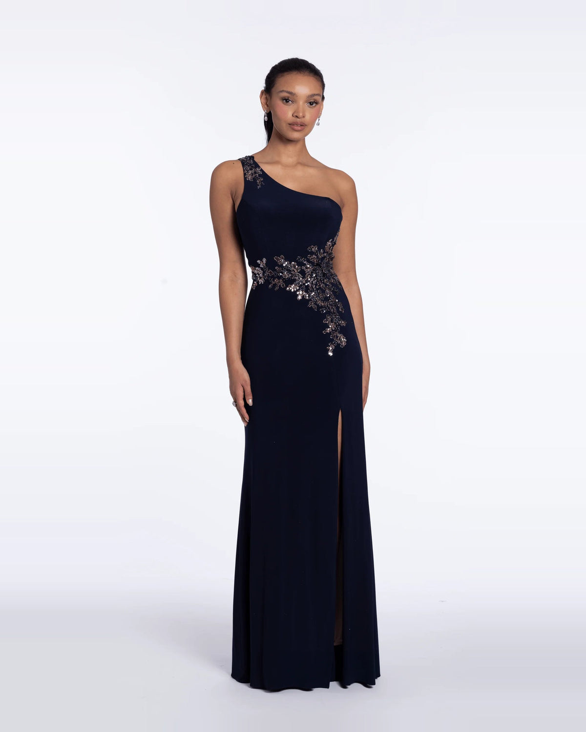 Navy one-shoulder column maxi dress front view with jeweled bodice and side slit