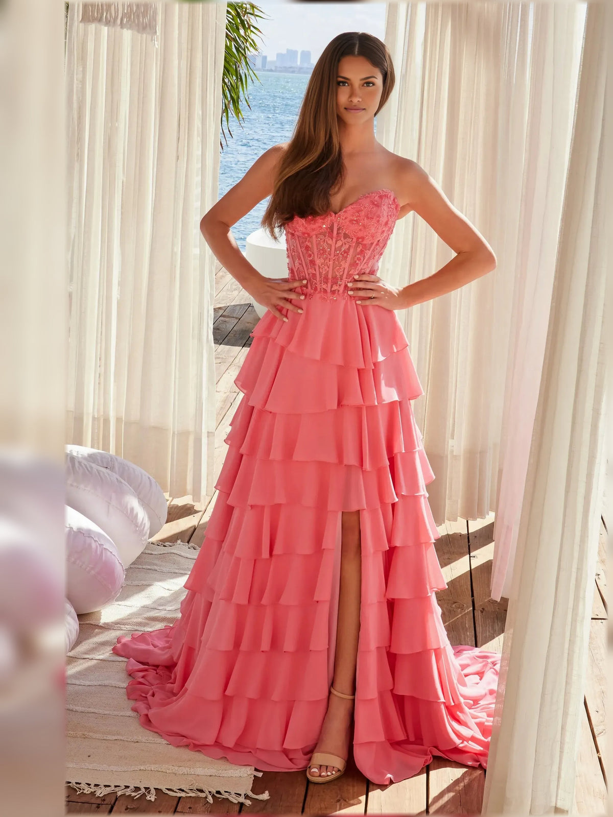 Watermelon pink sweetheart lace bodice A-line formal dress with tiered ruffle chiffon skirt