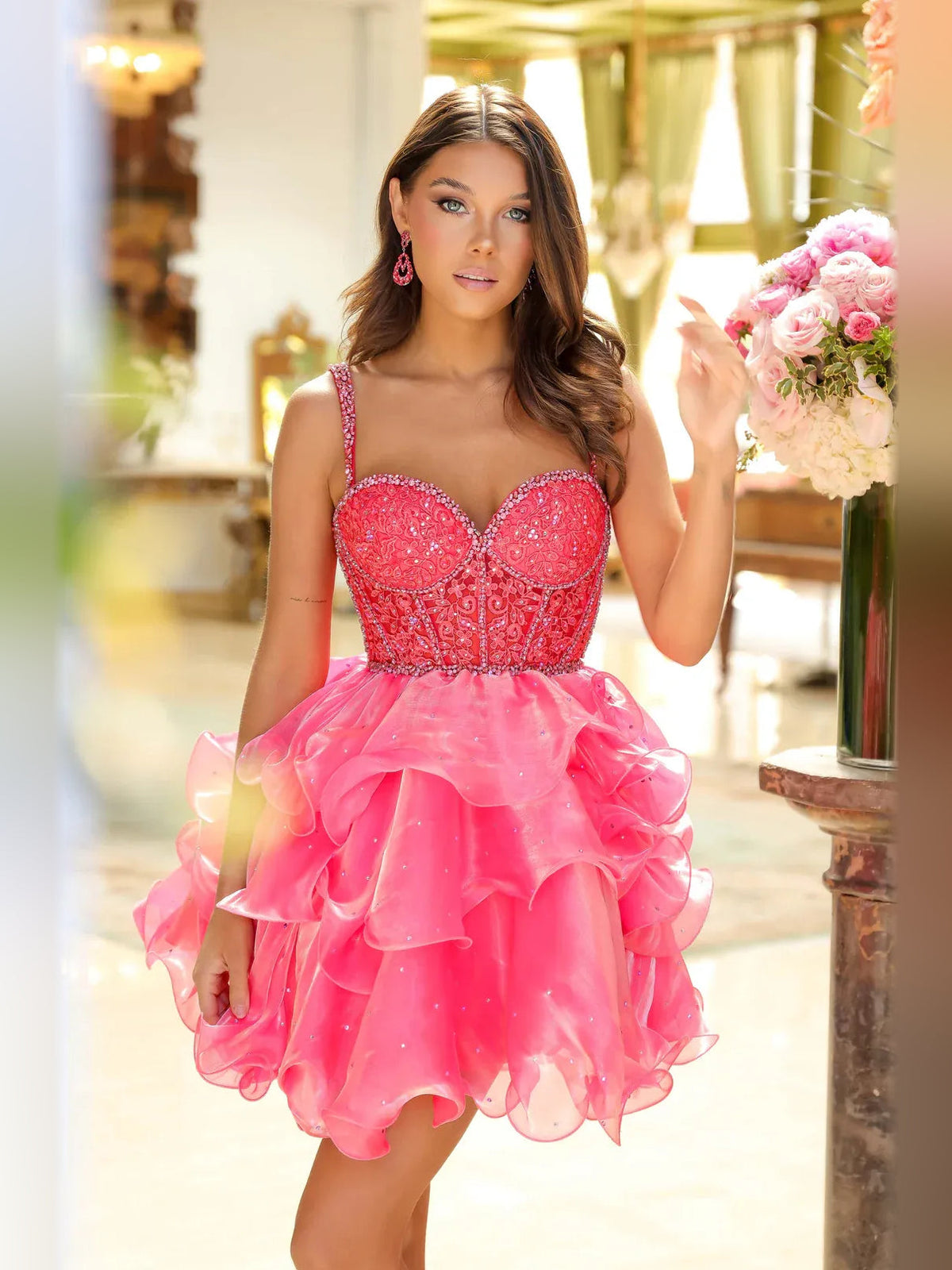 Watermelon mini homecoming dress with sweetheart corset bodice and layered organza ruffle skirt
