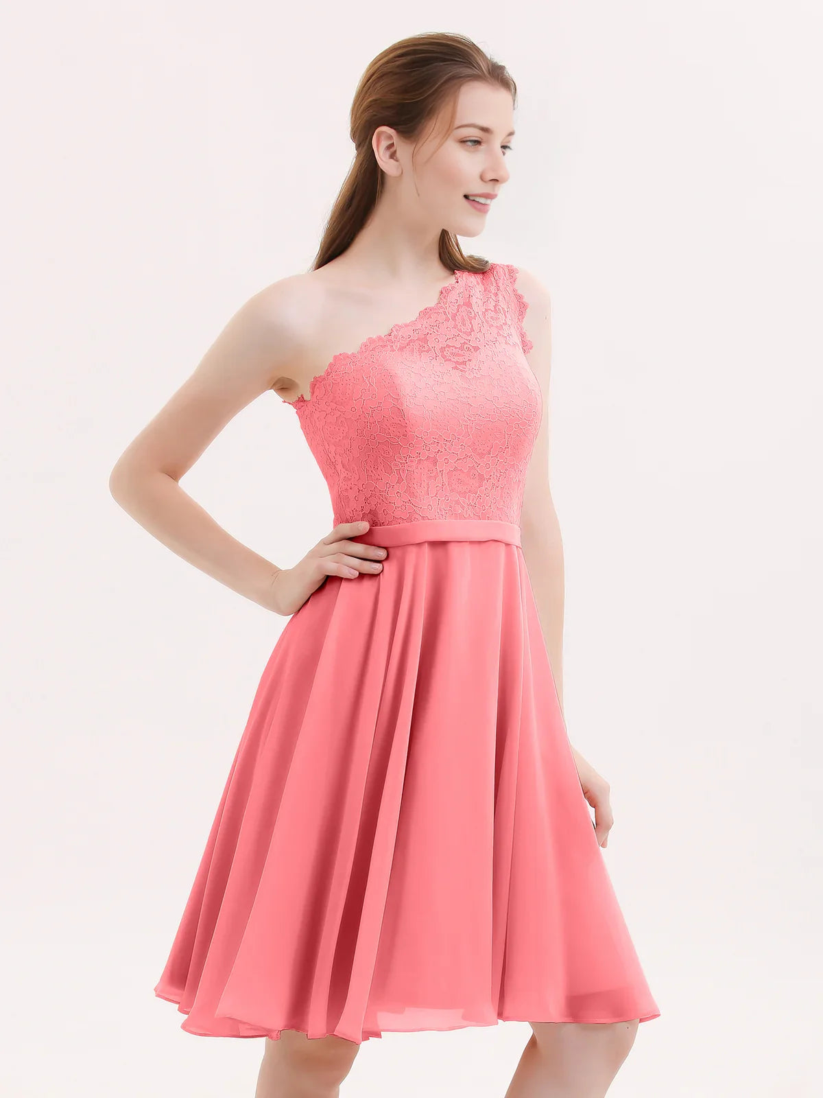 Blush pink one-shoulder A-line short chiffon homecoming dress with lace bodice