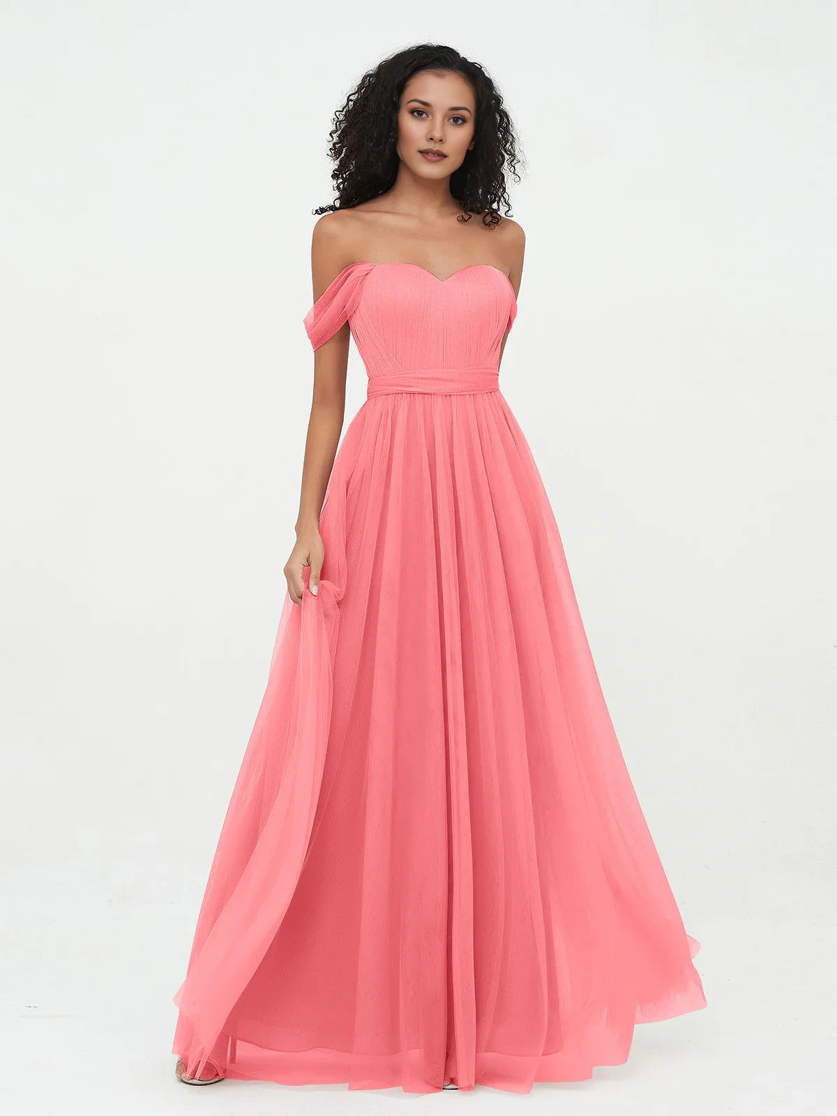 Pink tulle A-line dress with sweetheart neckline and pleated flowing skirt