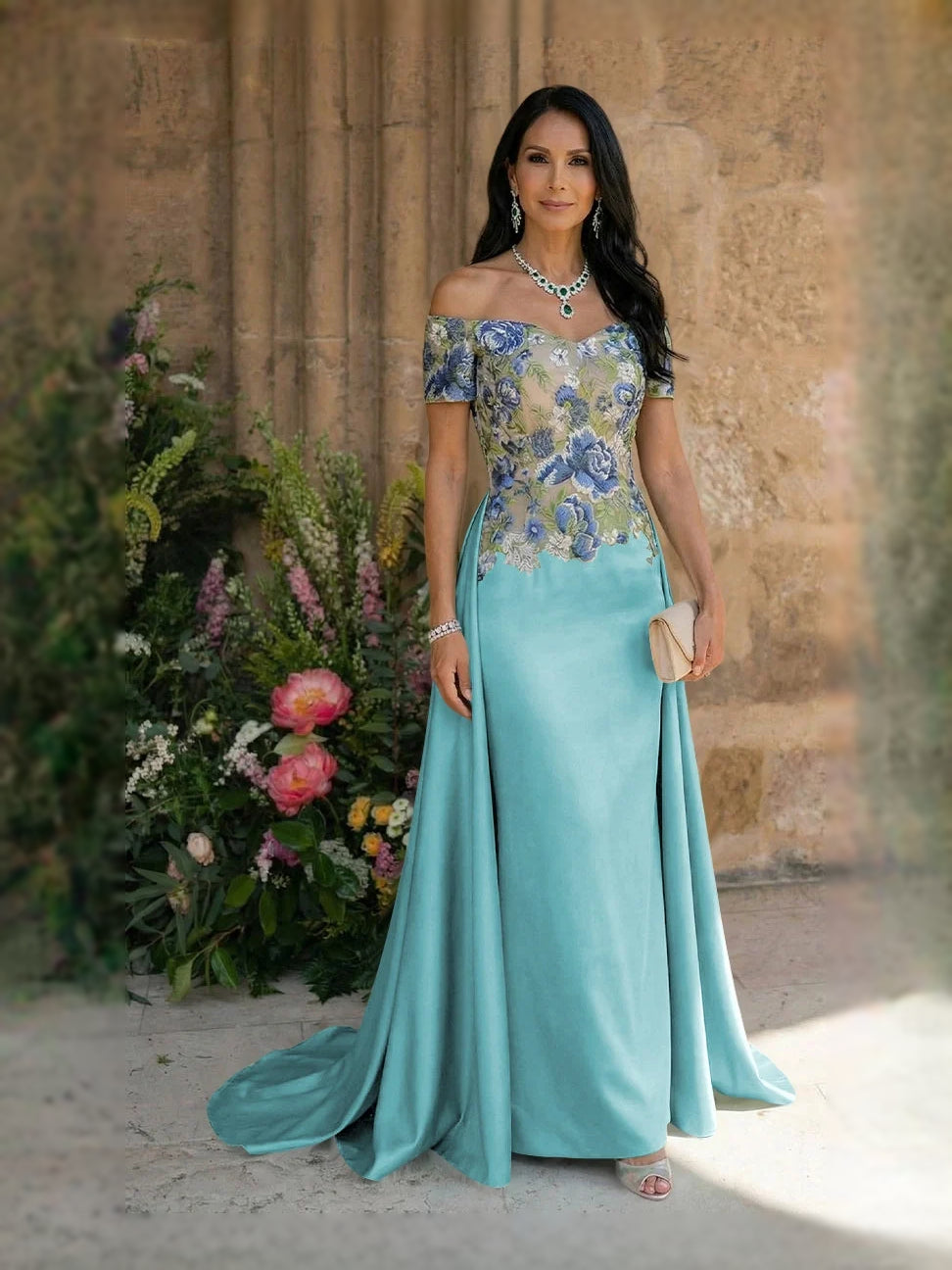 Turquoise satin sheath dress with blue embroidered floral bodice and sweetheart neckline