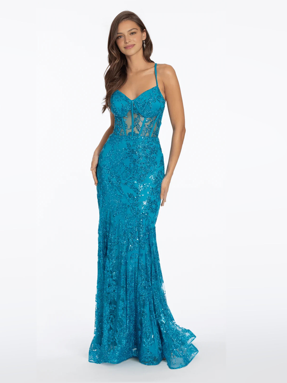 Turquoise sequin mermaid floor-length corset sweetheart prom dress, side view