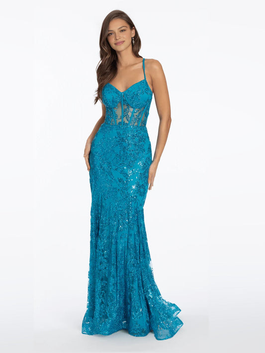 Turquoise sequin mermaid floor-length corset sweetheart prom dress, side view