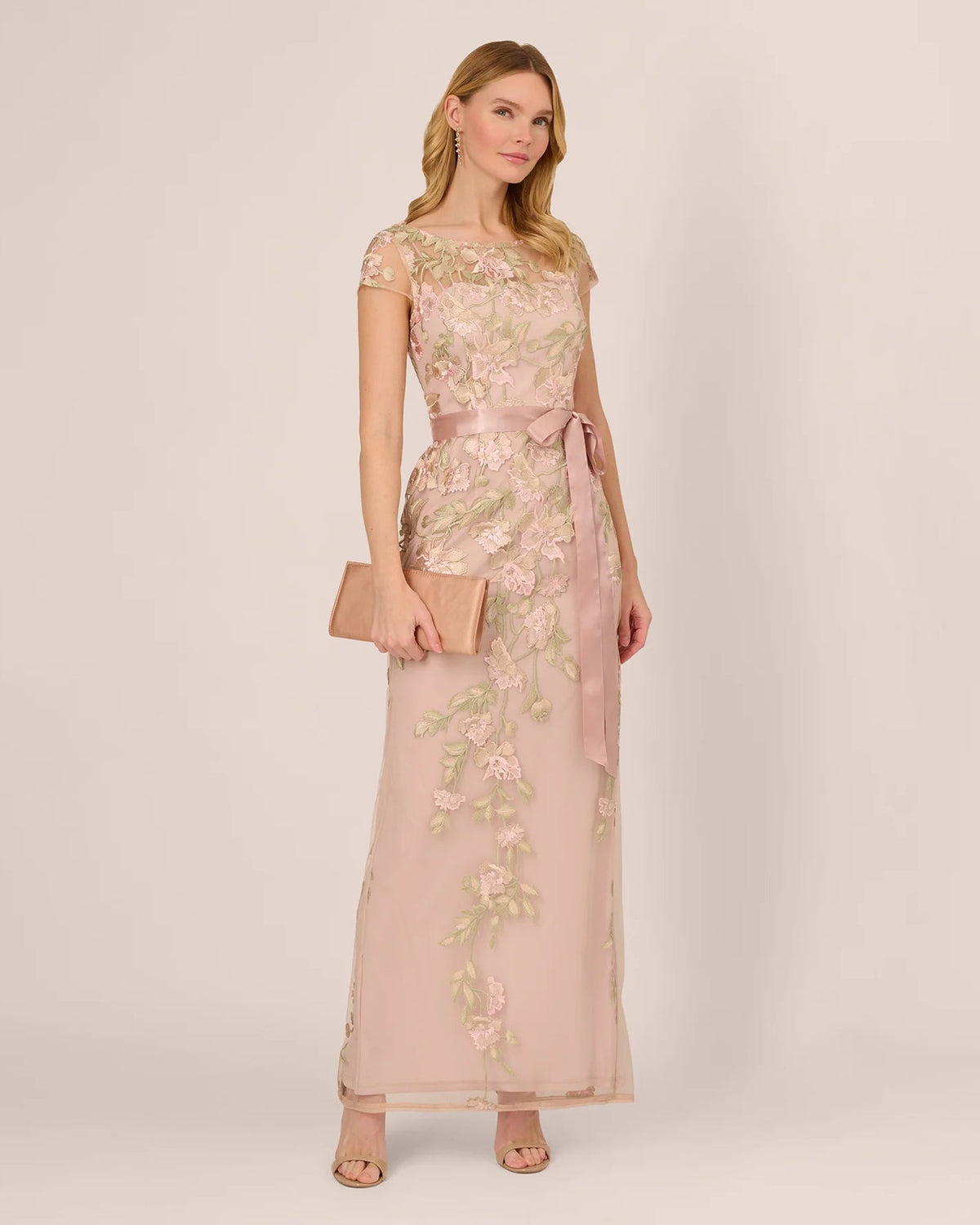 Blush nude floral short-sleeve A-line maxi dress with ribbon tie waist