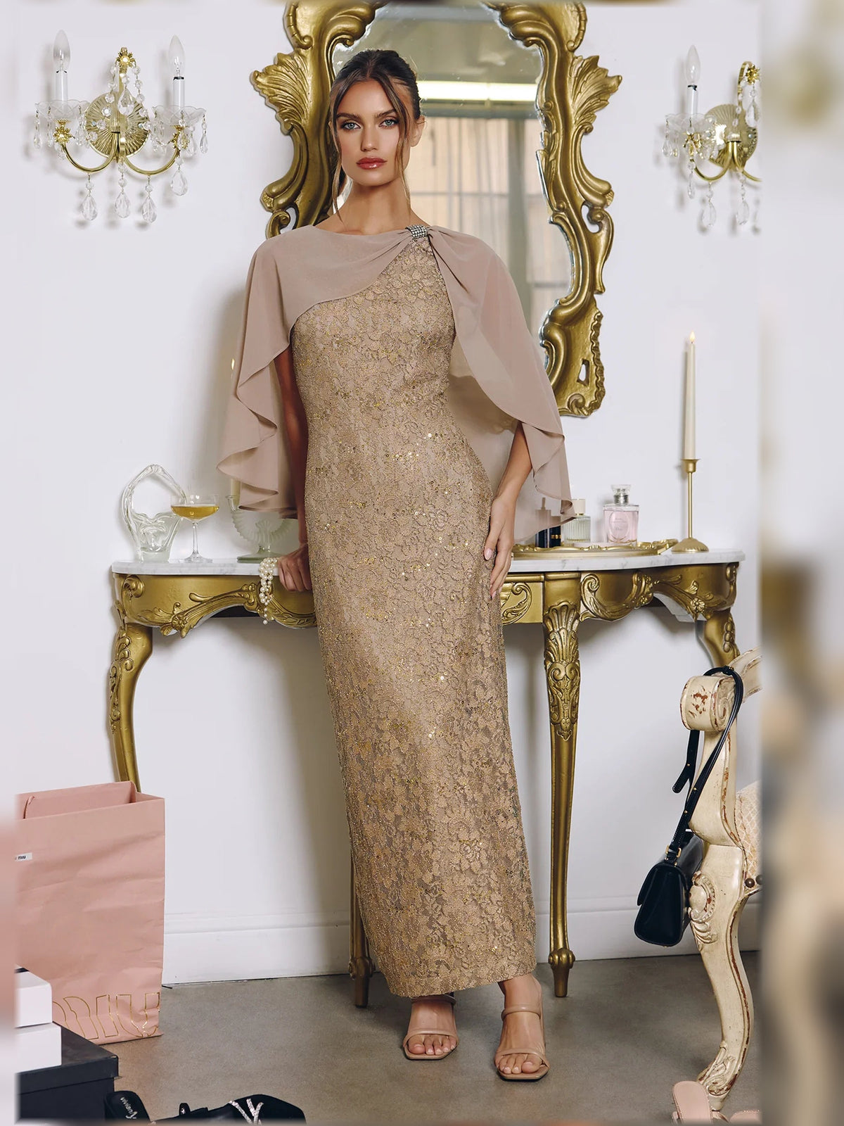 Khaki lace midi sheath formal dress with draped cape sleeves