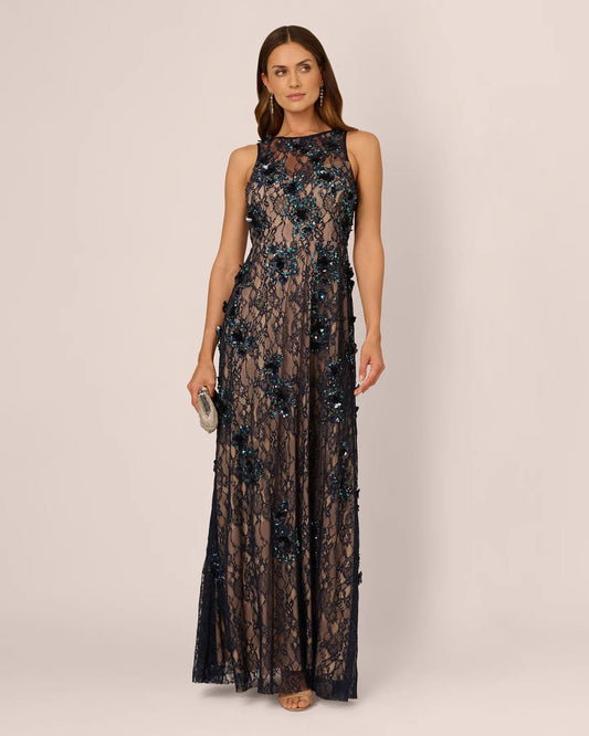 Floral Print Lace Detail Sleeveless A-Line Maxi Mother of the Bride Dress for Wedding Dinner
