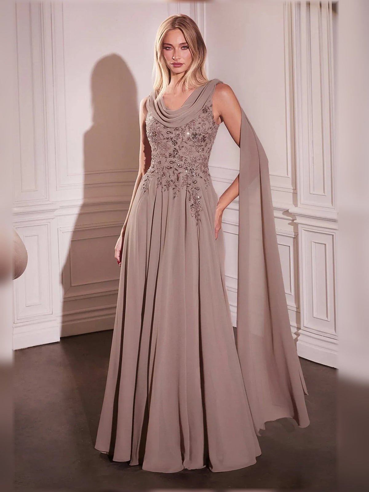 Nude scoop-neck beaded A-line formal dress, sleeveless, floor length
