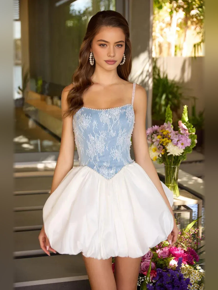 Light blue sweetheart corset mini dress with beaded bodice and white A-line skirt, front view