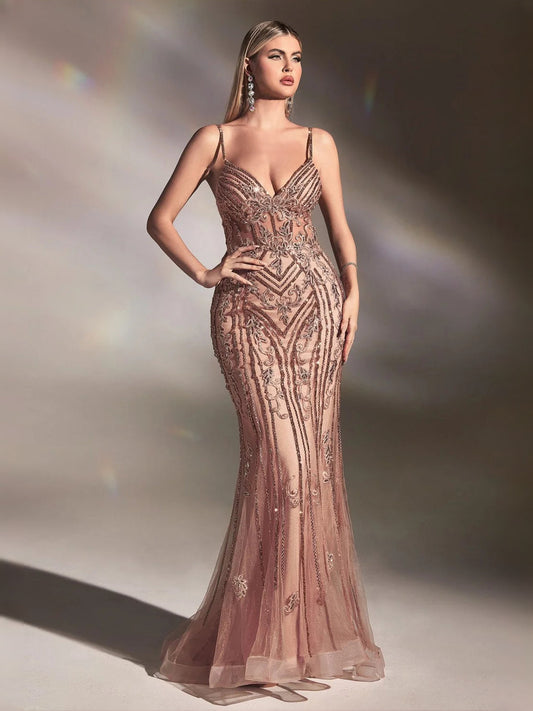 Rose gold V-neck sequin mermaid prom gown with corset bodice and sheer tulle skirt