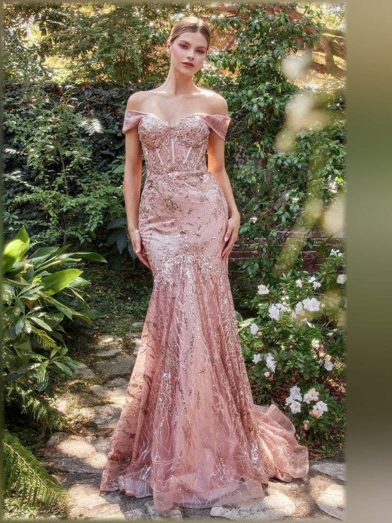 Off-shoulder corset mermaid formal dress in rose gold, floor-length fitted corset silhouette