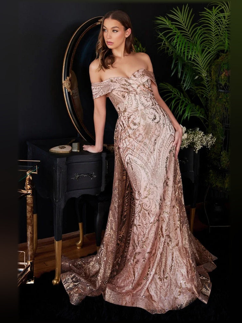 Champagne-gold off-shoulder sweetheart mermaid formal dress, short sleeves, floor-length