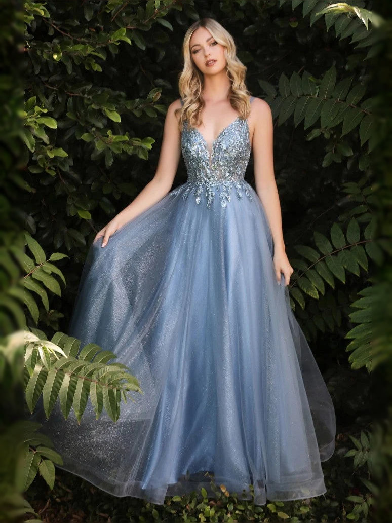 Light blue V-neck tulle prom dress with layered draped skirt and sparkle trim