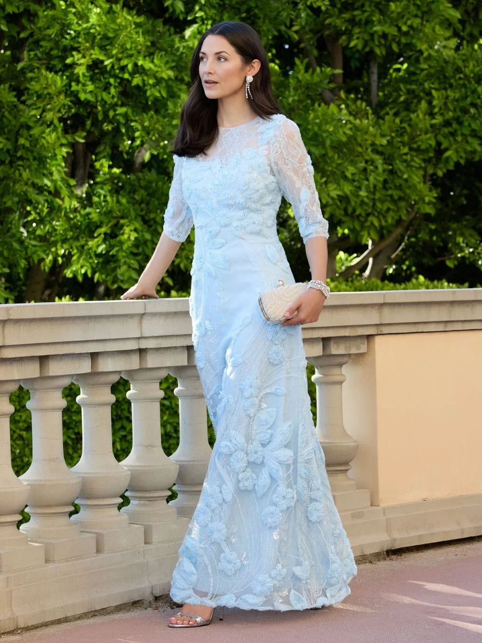 Sky blue floral-embroidered chiffon sheath dress, full-length with V-neck and 3/4 sleeves