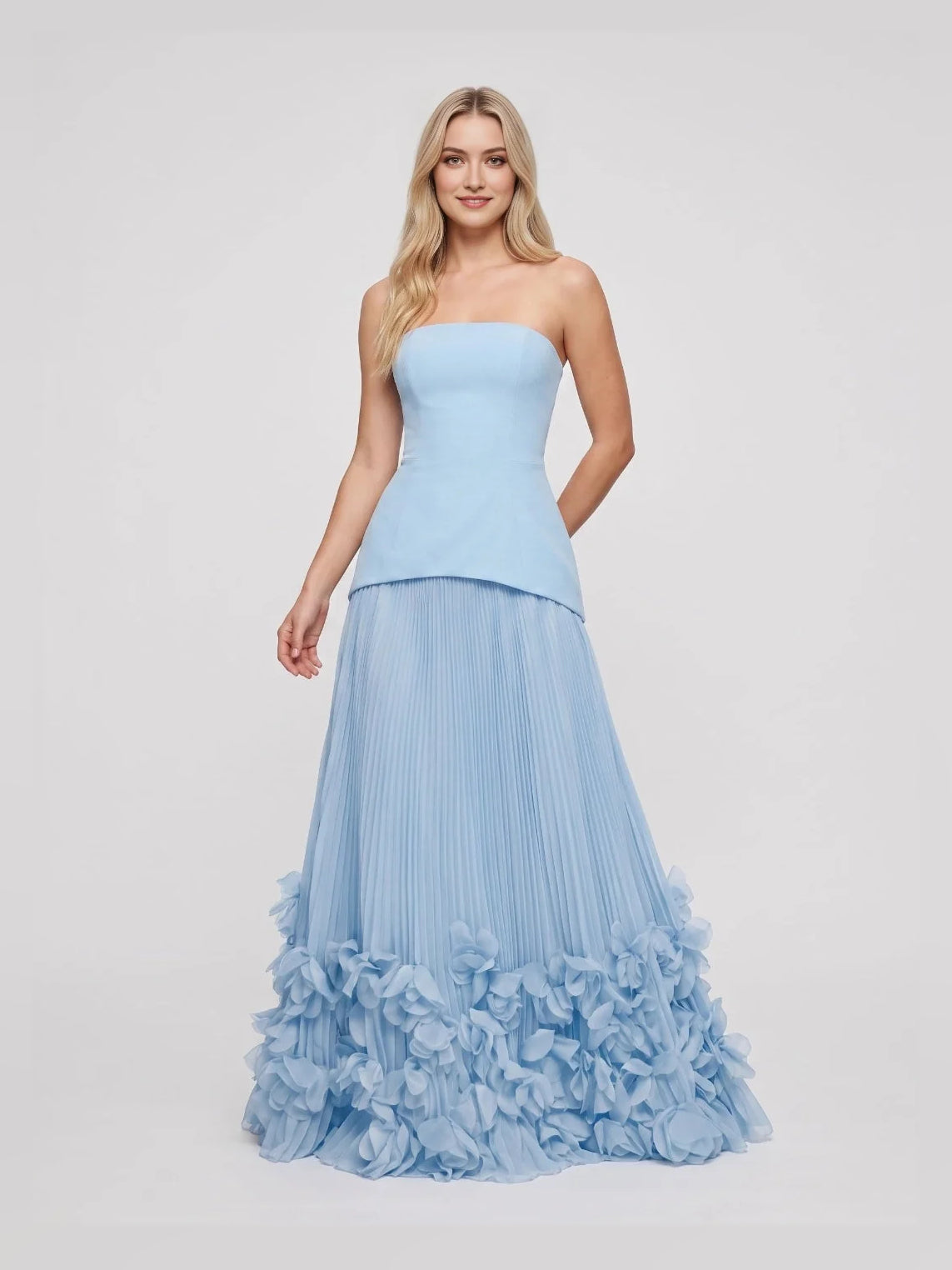 Sky blue strapless wedding dress with ruffled peplum bodice and full ruffle skirt