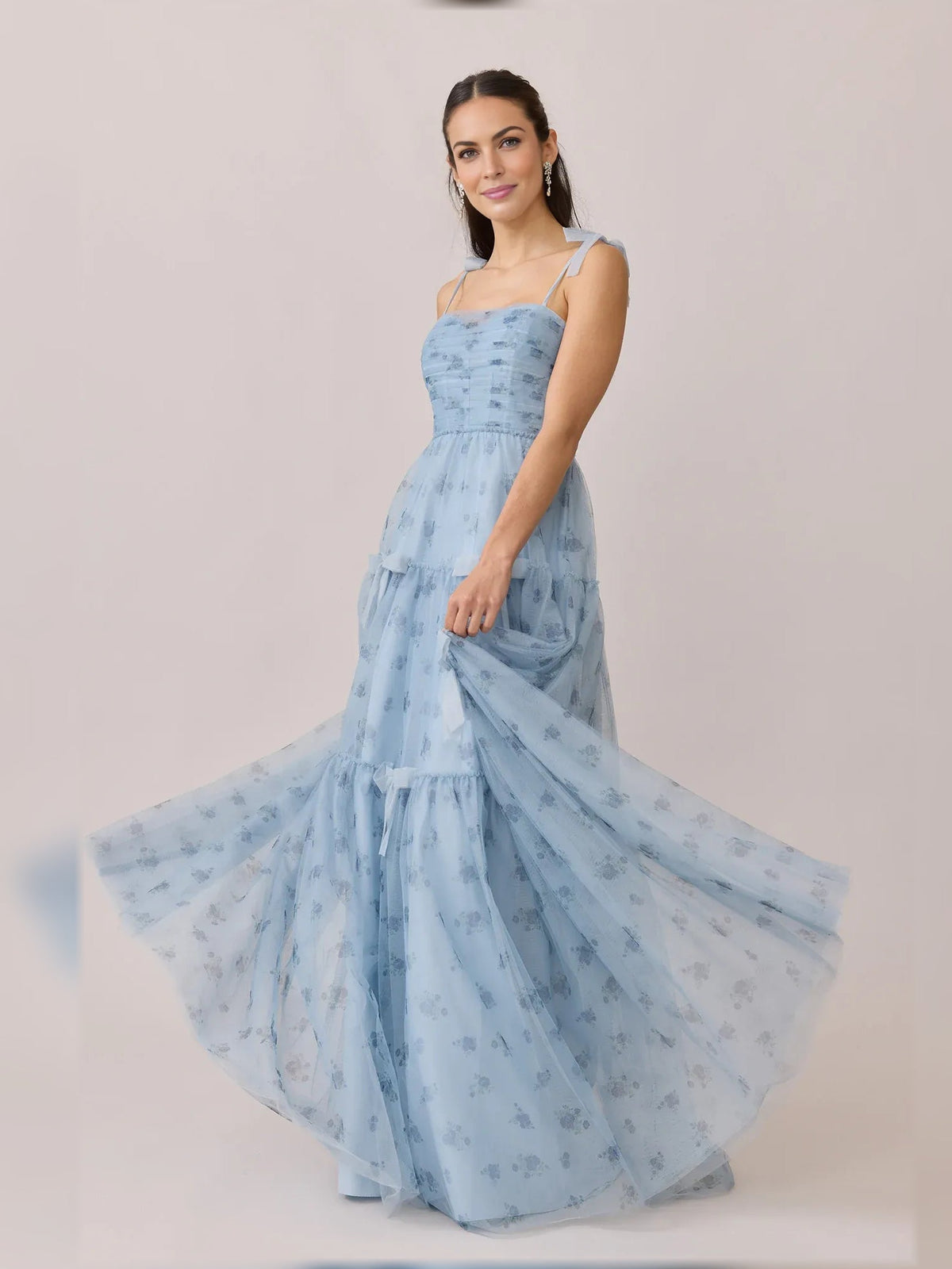 Sky blue floral square-neck tiered formal dress, front view with flowing tiered hem