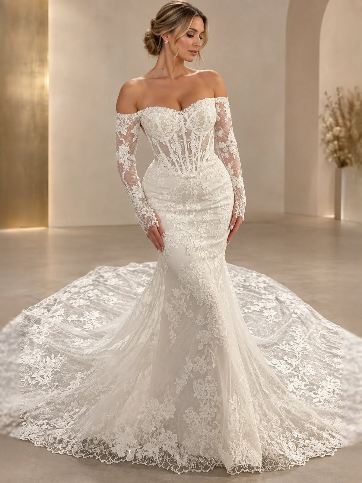 Ivory lace corset mermaid wedding dress with sweetheart neckline and flowing lace train