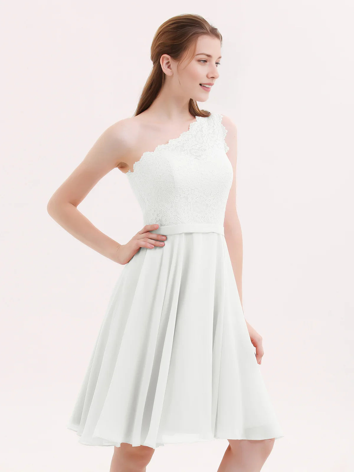 One-shoulder chiffon A-line short dress in ivory with textured bodice and pleated skirt