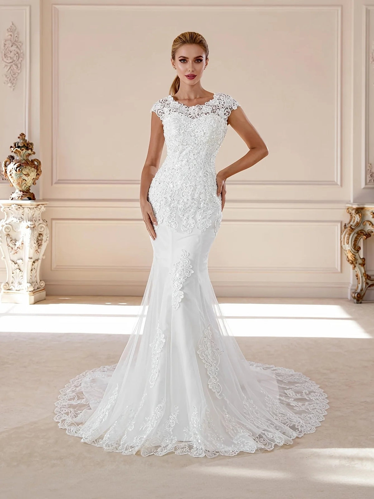 Front view ivory lace corset mermaid wedding dress with bateau neckline