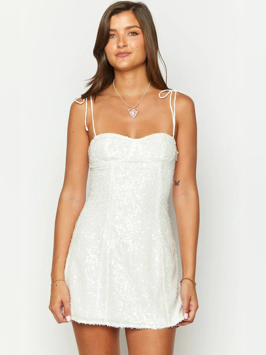 Ivory sequin sweetheart bodycon mini dress with spaghetti straps
