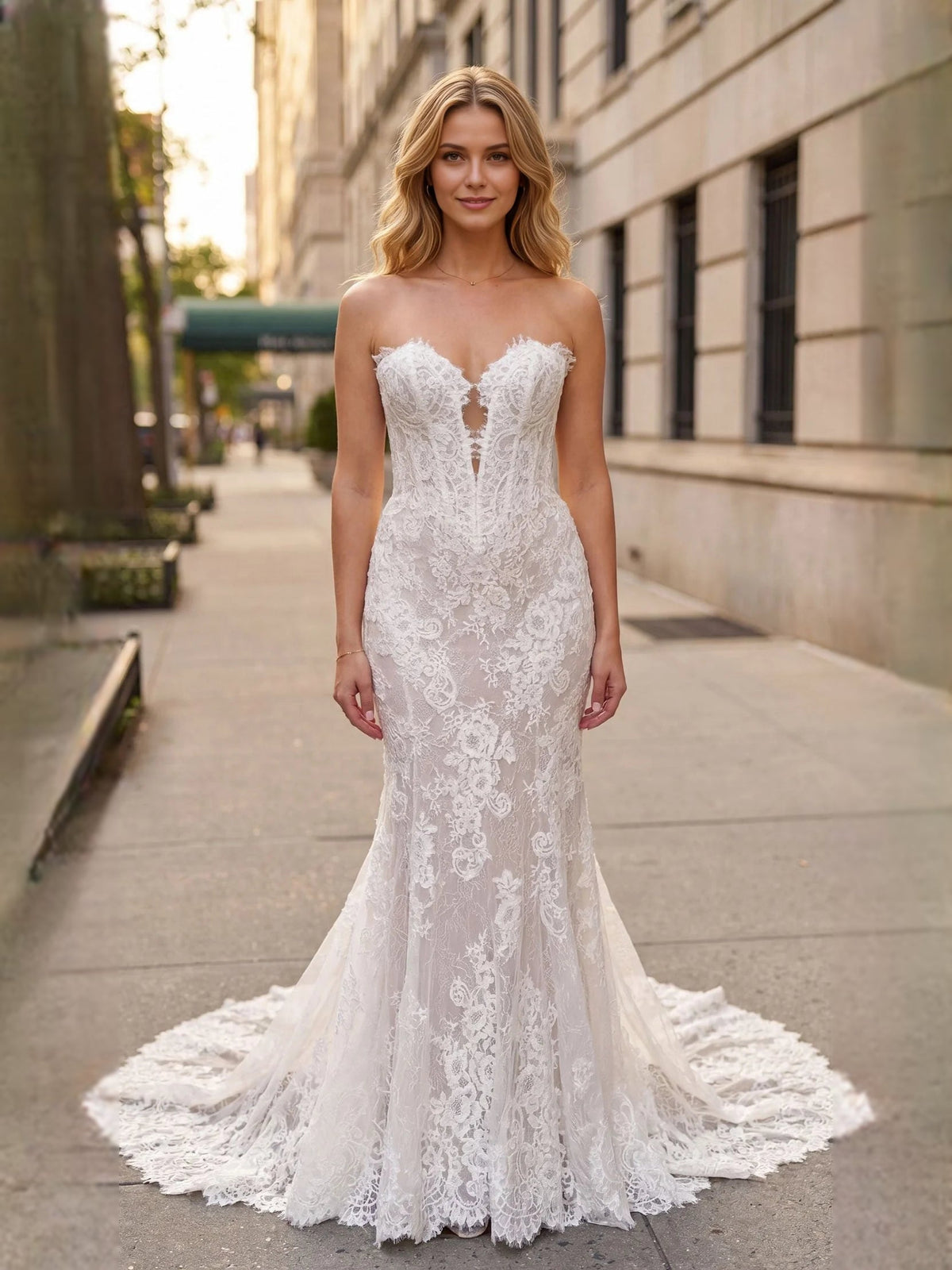Ivory lace mermaid wedding dress, front view with long train