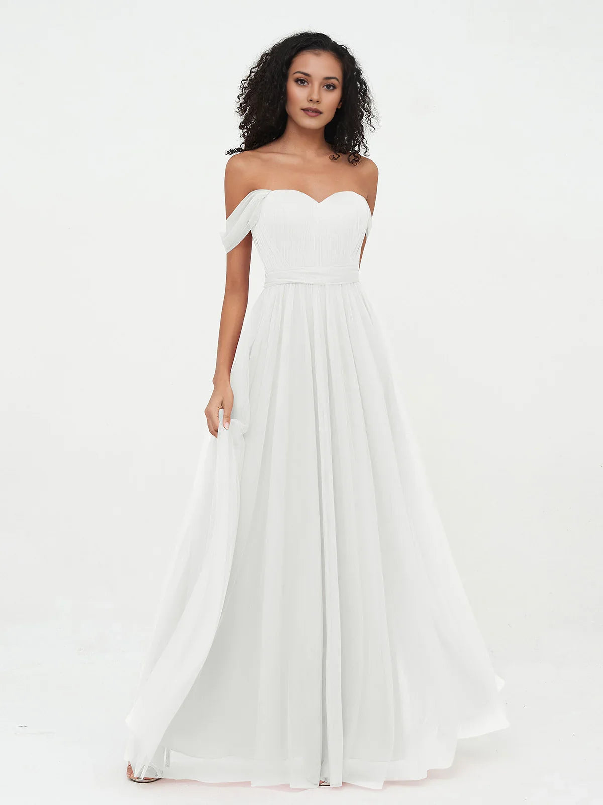 White off-shoulder sweetheart A-line tulle dress with pleated skirt