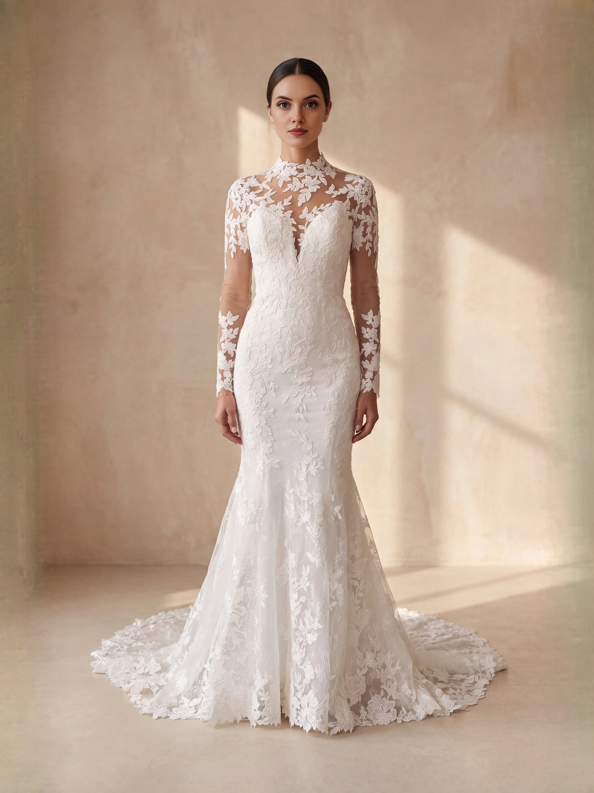 Ivory mermaid wedding dress with high neckline lace bodice and long sheer sleeves.