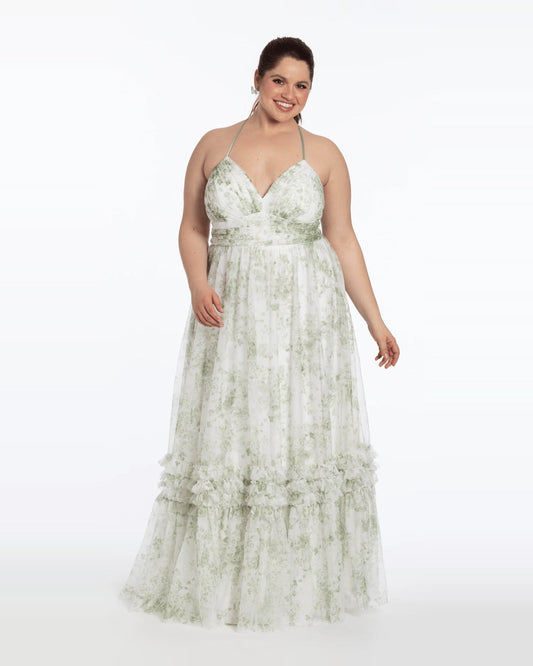 Ivory halter A-line maxi dress with plunging V bodice and layered ruffle skirt, floral print