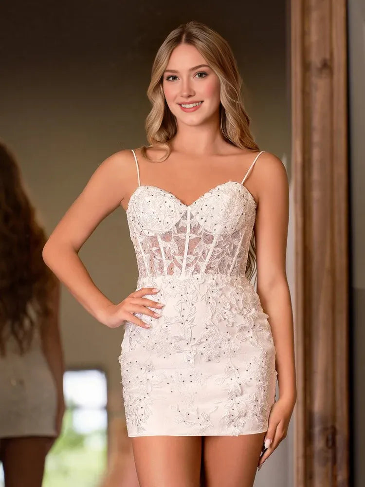Ivory lace corset-style mini dress with sweetheart neckline and floral 3D appliques