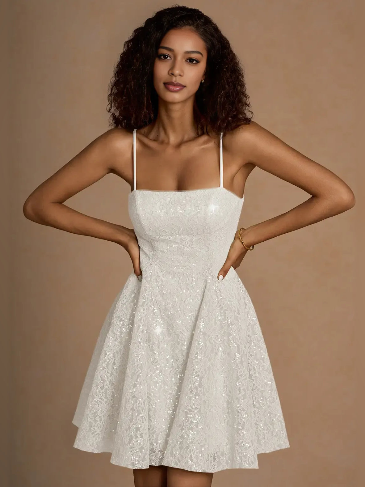 Ivory sequin square-neck A-line mini dress with spaghetti straps, sleeveless bodice