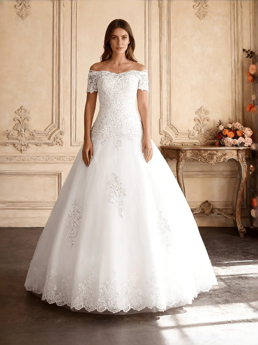Ivory off-shoulder lace wedding ball gown with embroidered bodice and flared tulle skirt