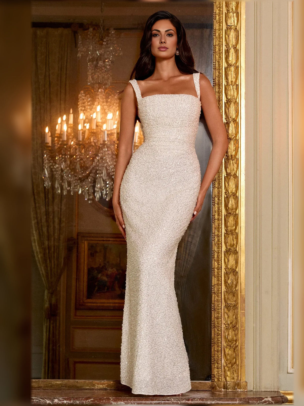 Ivory square-neck corset lace-up back formal dress, floor-length sequined column silhouette