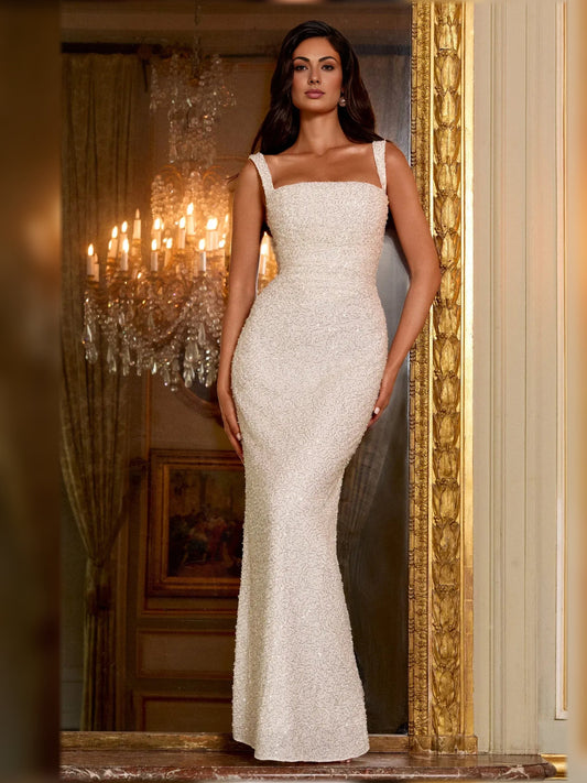 Ivory square-neck corset lace-up back formal dress, floor-length sequined column silhouette