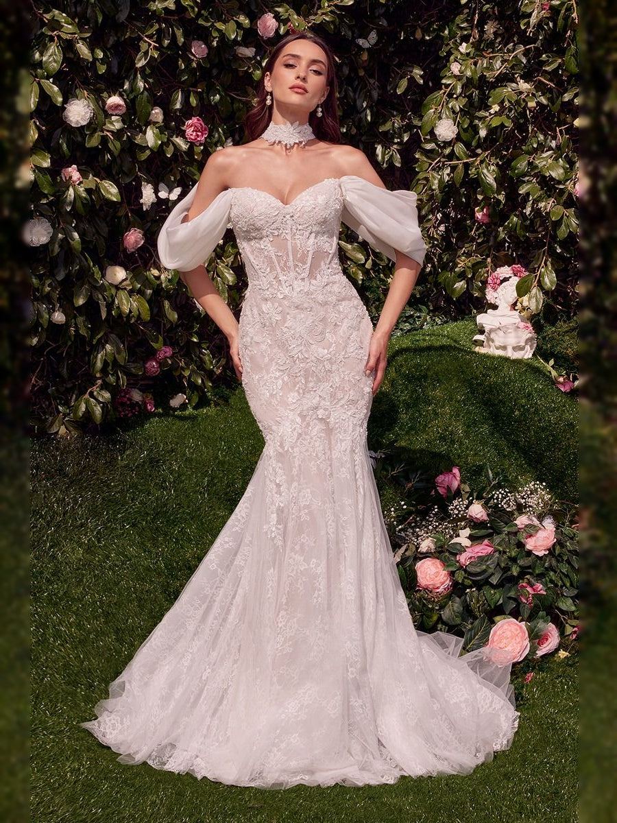 Ivory sweetheart mermaid wedding dress with floral lace corset and off-shoulder sleeves