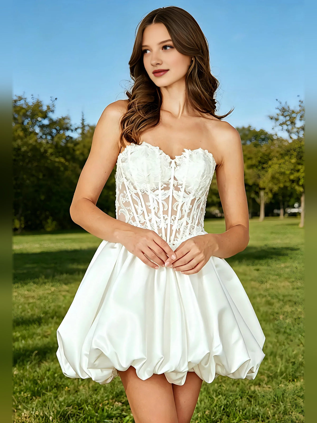 Ivory satin sweetheart mini dress with lace-embroidered corset bodice and gathered skirt