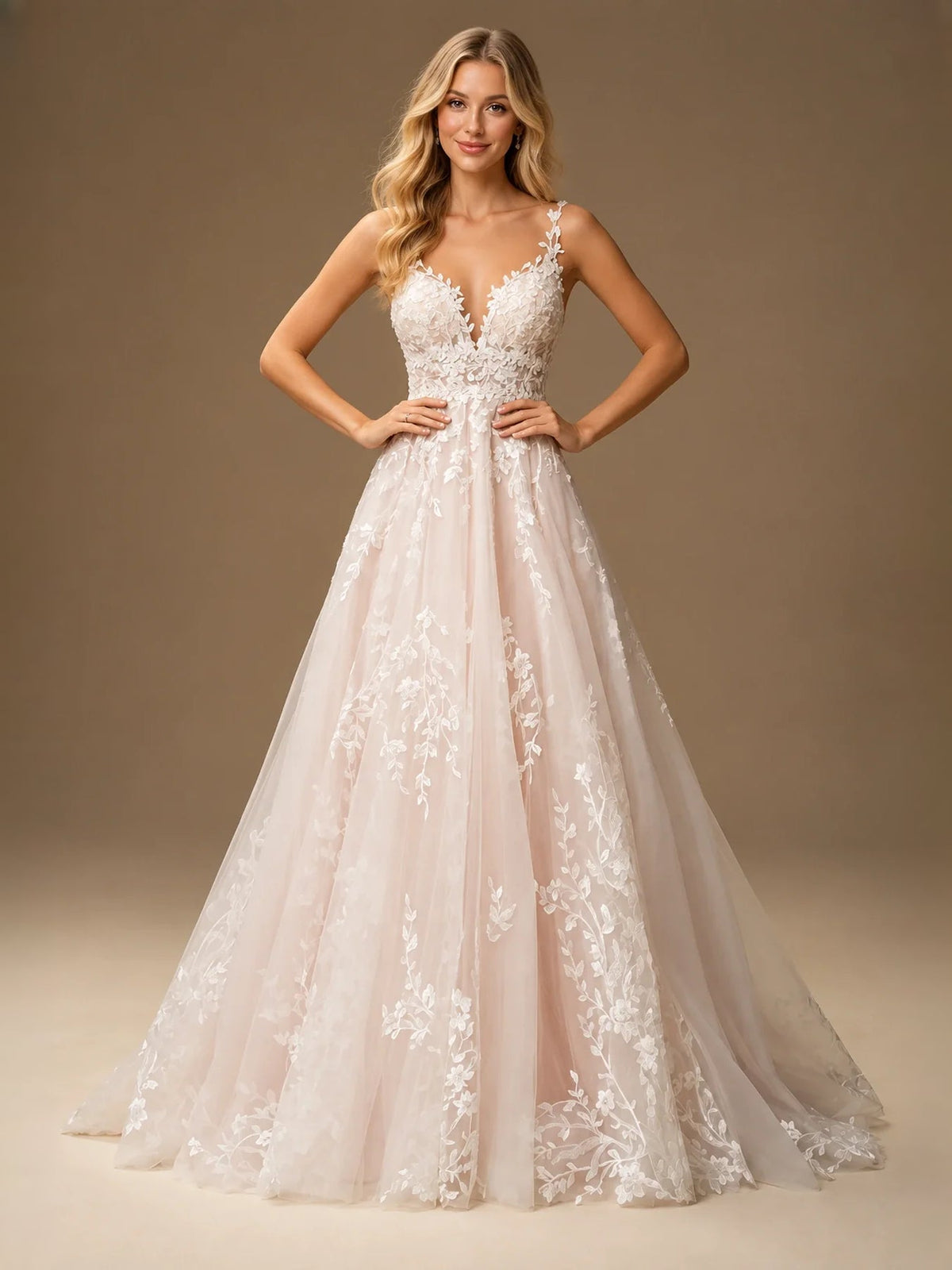 Ivory tulle A-line wedding dress with floral lace V-neck corset bodice and flowing hem