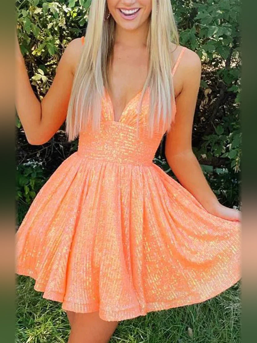 Orange sequin corset V-neck A-line mini dress with sparkling textured finish