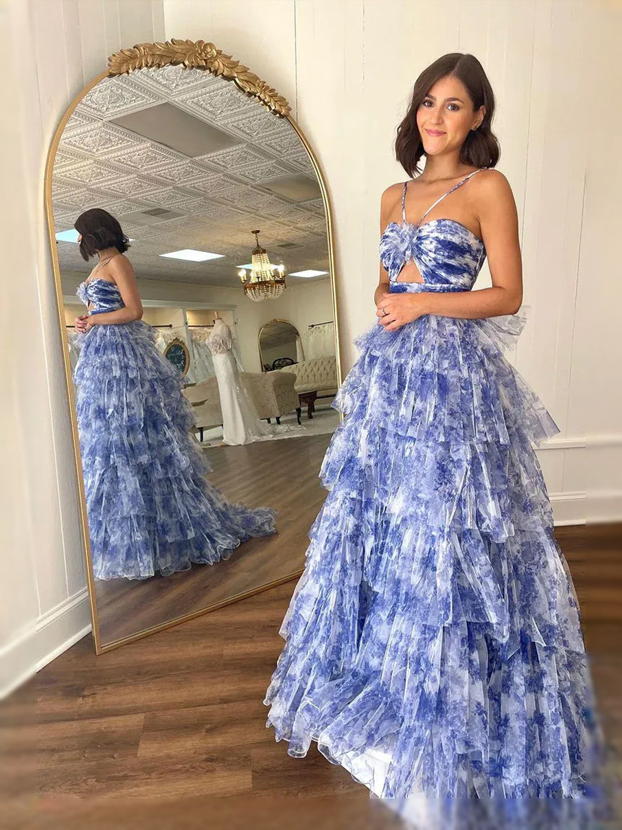 Blue floral tulle sweetheart maxi dress with tiered ruffle layers, mirror side view