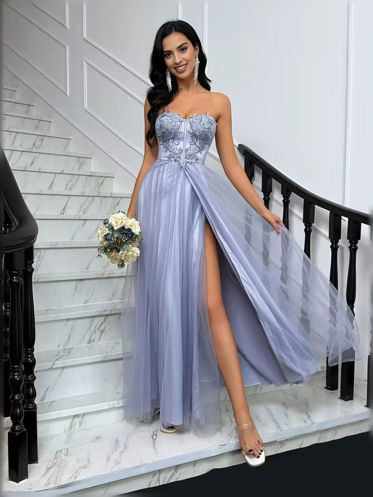 Lavender strapless corset tulle A-line floor dress with front slit and tulle overlay