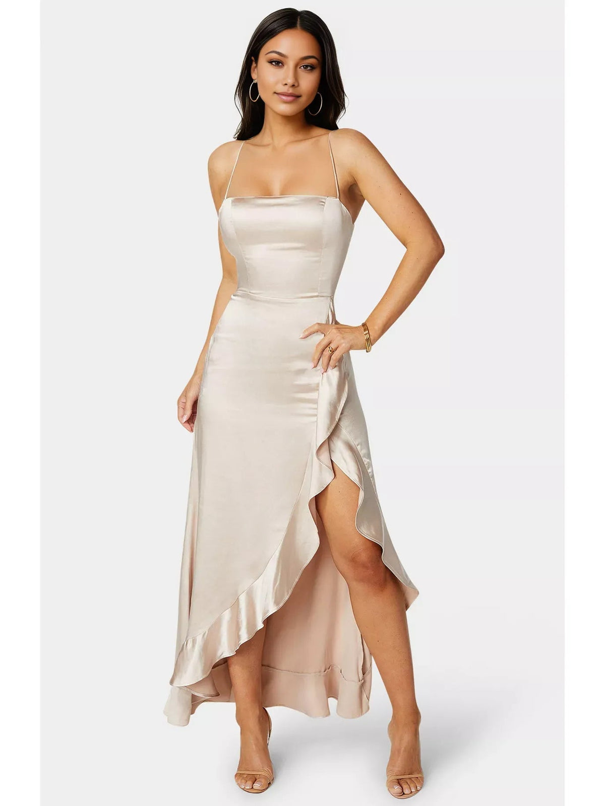Cream satin formal dress with spaghetti straps, draped cowl top, and high side slit