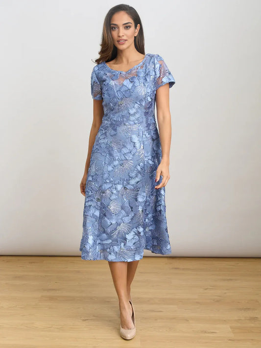 Dusty blue embroidered sequin midi A-line dress, short sleeves with ruched bodice