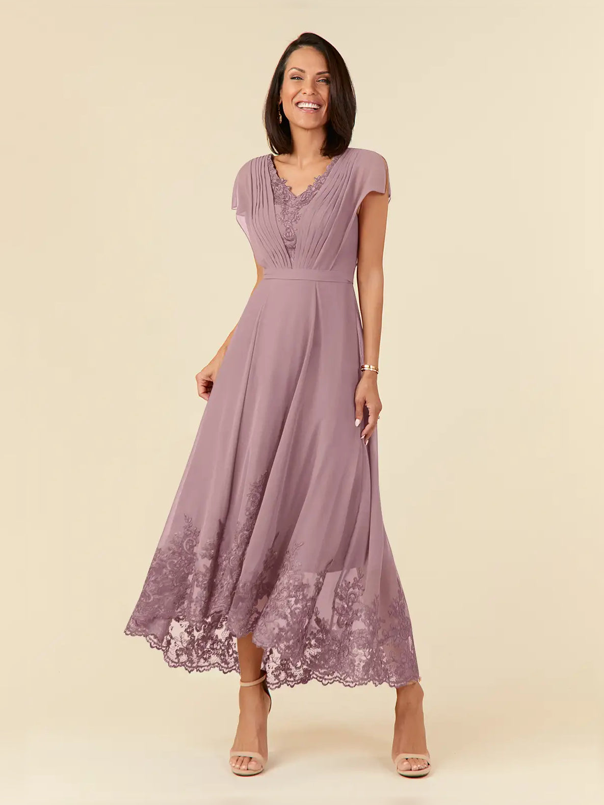 Plum pleated V-neck midi chiffon dress with cap sleeves and lace-trimmed hem