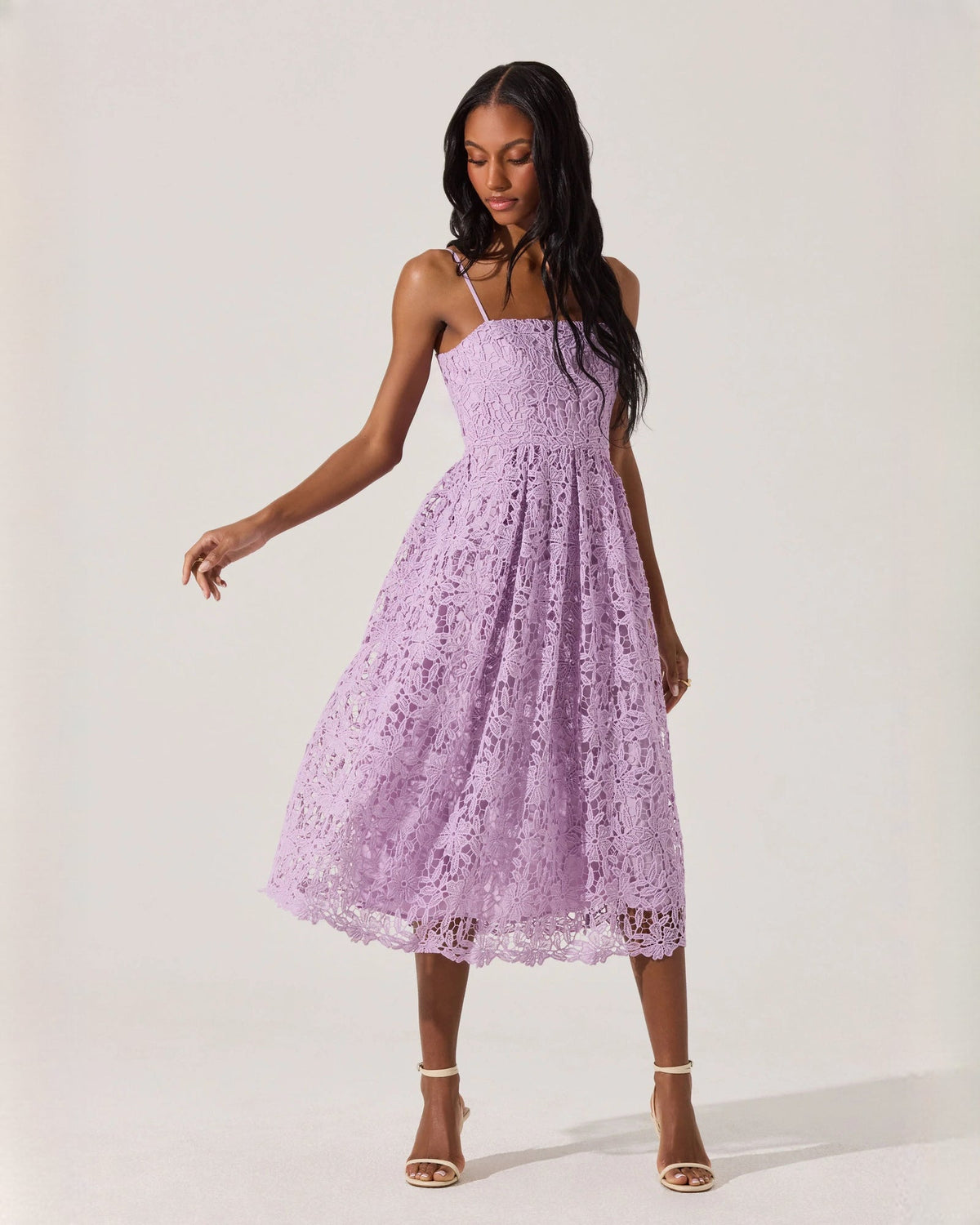 Orchid pink sleeveless A-line midi dress with spaghetti straps and lace-textured skirt