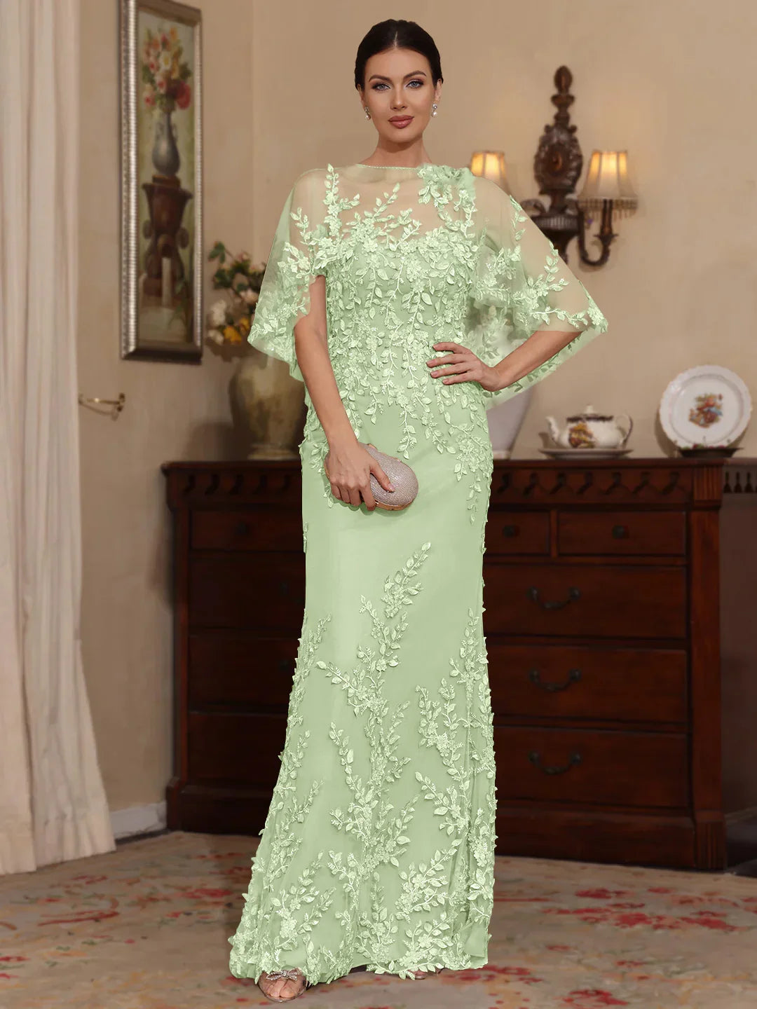 Mint green floral applique mermaid dress with sweetheart neckline, cape sleeves
