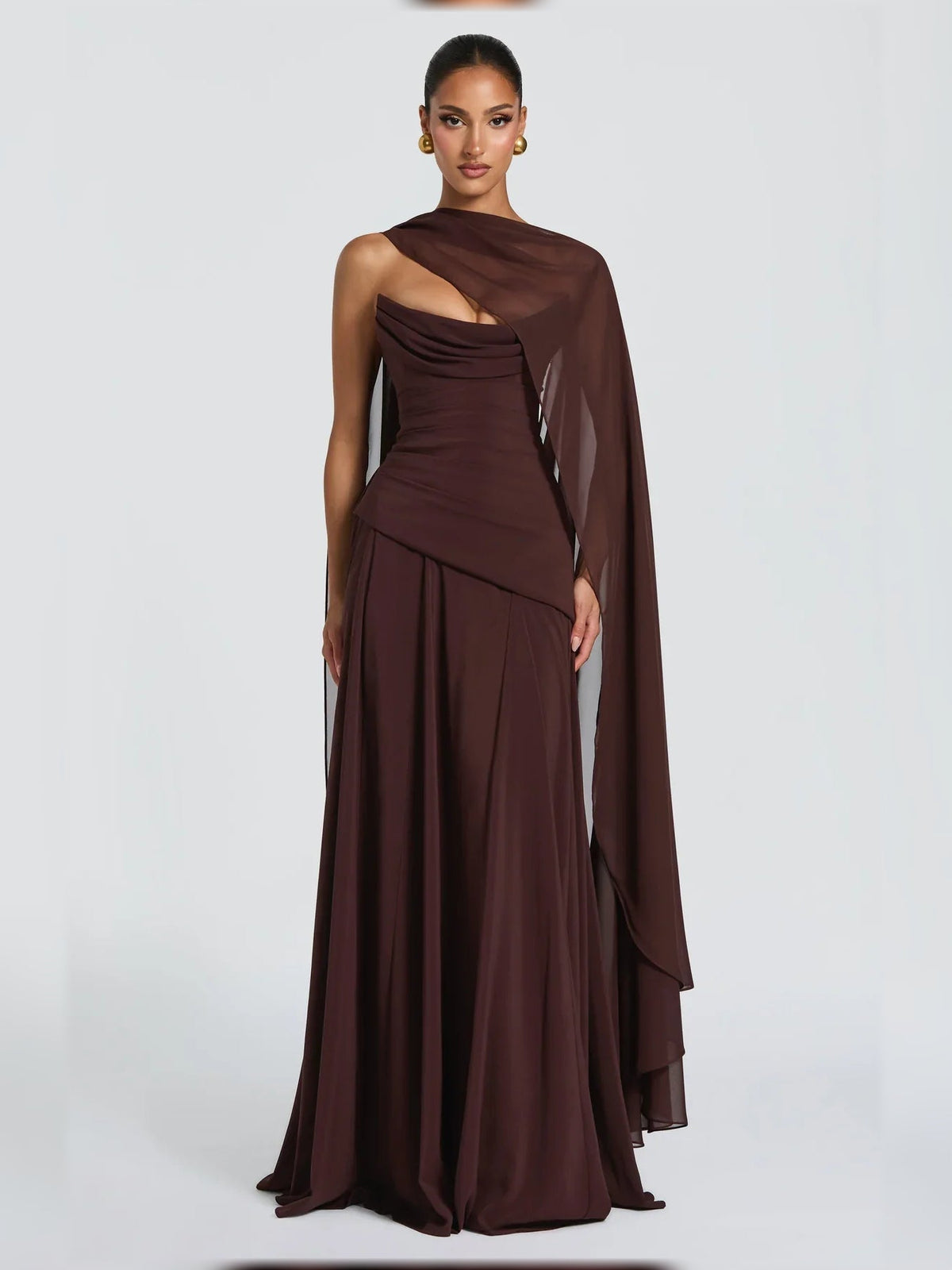 One-shoulder draped formal dress, dark chocolate satin floor-length skirt