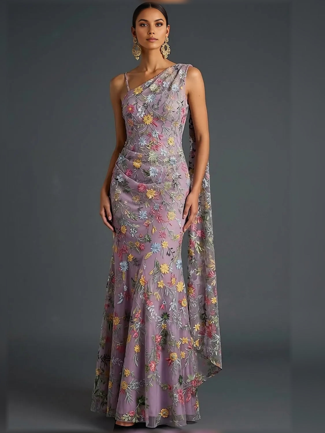 Floral print one-shoulder formal dress, open back, mauve floral design in floor-length silhouette