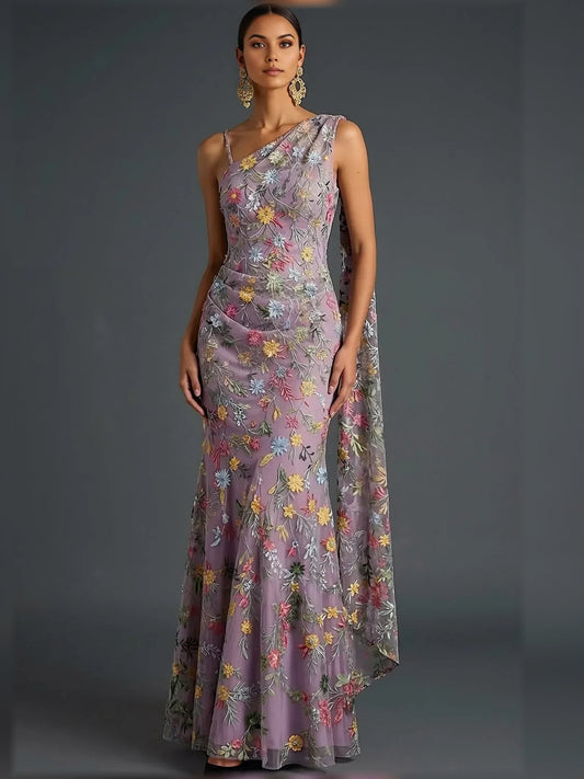 Floral print one-shoulder formal dress, open back, mauve floral design in floor-length silhouette