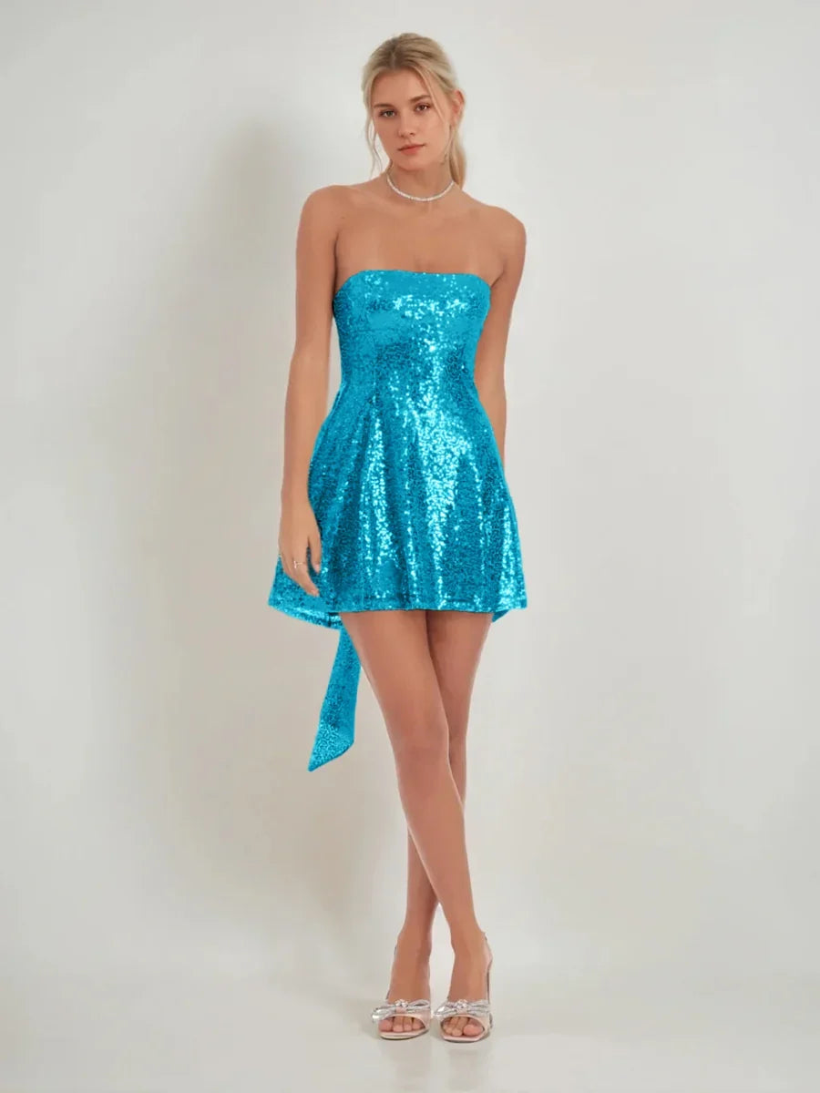 Blue sequined strapless A-line mini homecoming dress with side bow
